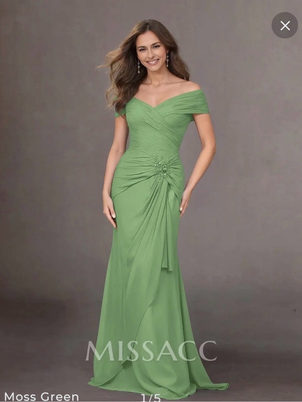 Off-Shoulder Moss Green Evening Gown with Draped Detail
